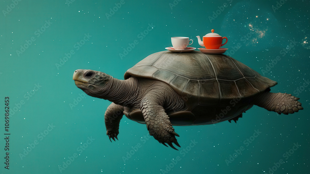 cosmic whimsy of A tea party held on the back of a giant turtle ...
