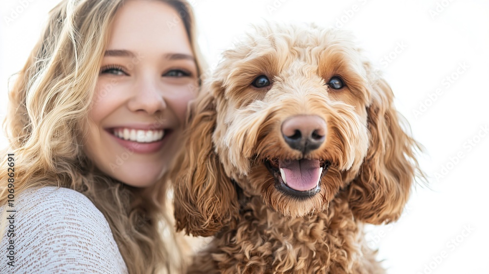 Fototapeta premium Joyful Woman with Golden Labradoodle Dog Smiling Together