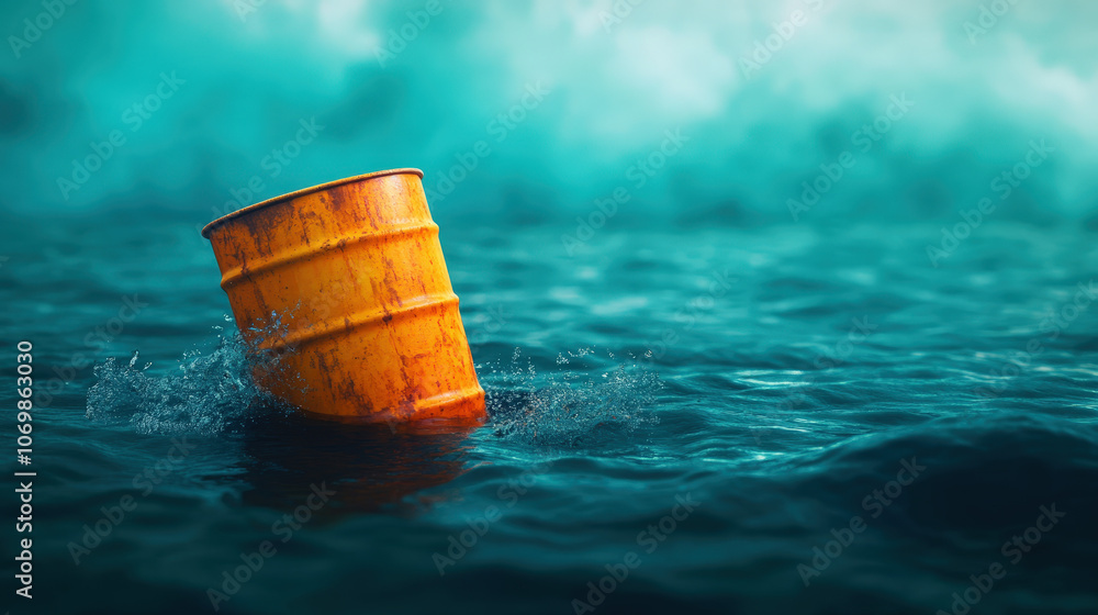 Glowing radioactive barrel submerged in murky water, pollution spreading, detailed textures with a dark and ominous tone Glowing radioactive barrel submerged in murky water, pollution spreading, detailed textures with a dark and ominous tone