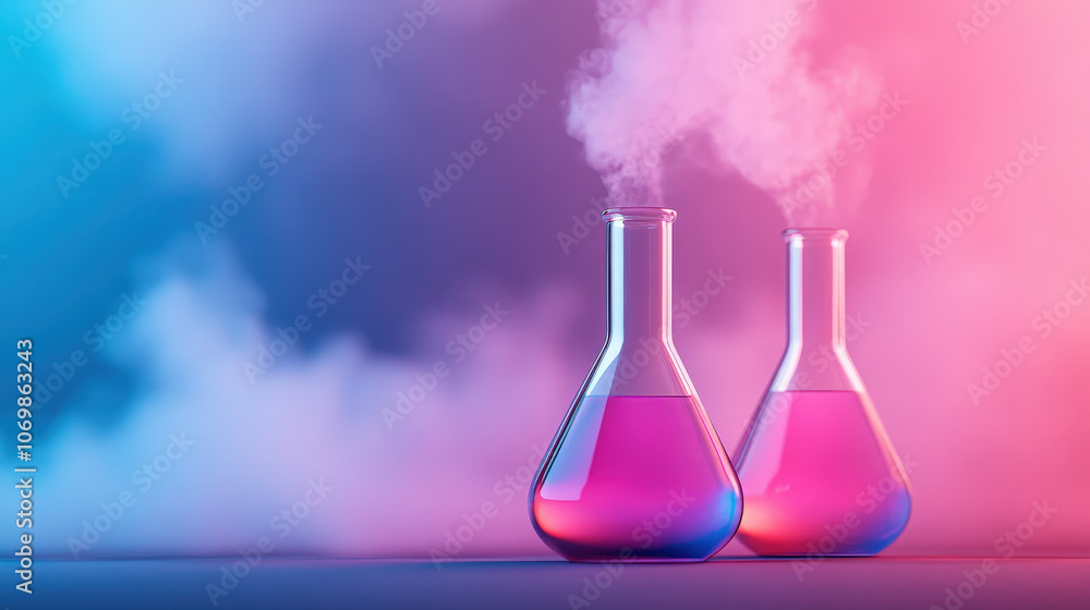 Laboratory scene with chemical flasks containing oxidizing agents, emitting colorful vapors under a glowing UV light Laboratory scene with chemical flasks containing oxidizing agents, emitting colorful vapors under a glowing UV light
