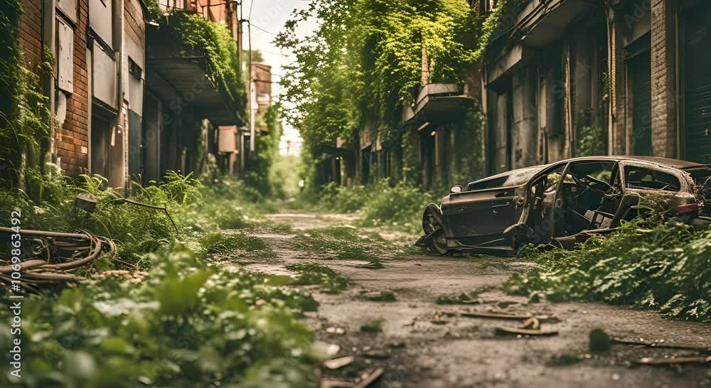 Desolate abandoned road with cracked asphalt and overgrown vegetation. Urban decay concept Desolate abandoned road with cracked asphalt and overgrown vegetation. Urban decay concept