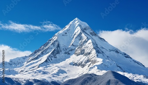 Majestic snow-capped mountain against vibrant blue sky and clouds photo