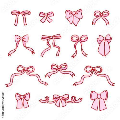 Set of elegant bow knots, gift bows. Collection of beautiful holiday decorative elements, festive present decor. Coquette pretty charming pink bow. Hand drawn illustration in vintage style