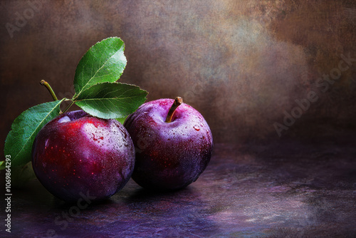 Ripe red plums with green leaves on a textured surface, highlighting freshness and vibrant colors in a moody setting. photo