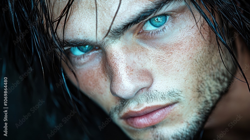 Intense gaze of a young man with striking blue eyes and wet hair, AI Intense gaze of a young man with striking blue eyes and wet hair, AI