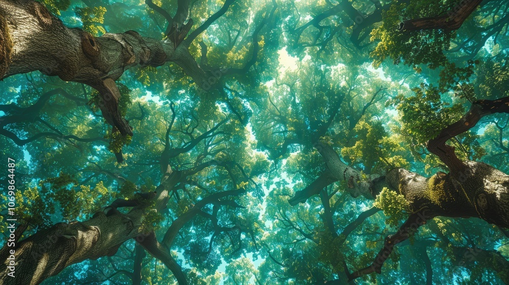 Large Linden trees (Tilia) and Oaks (Quercus) are striving towards the light, view from below into the treetops Large Linden trees (Tilia) and Oaks (Quercus) are striving towards the light, view from below into the treetops