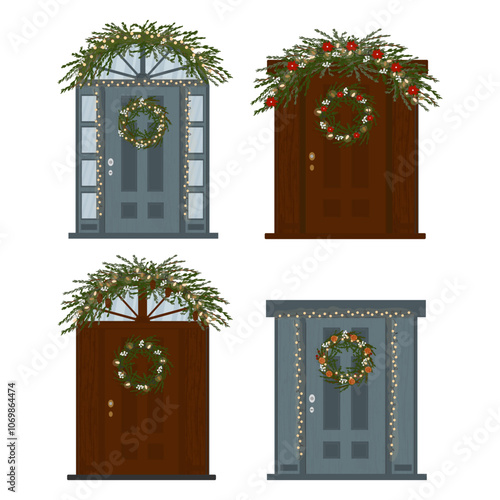 Set of entrance doors decorated for Christmas. Template for city street design on white background. Garlands, wreaths and branches. Christmas mistletoe and poinsettia. Cartoon vector style