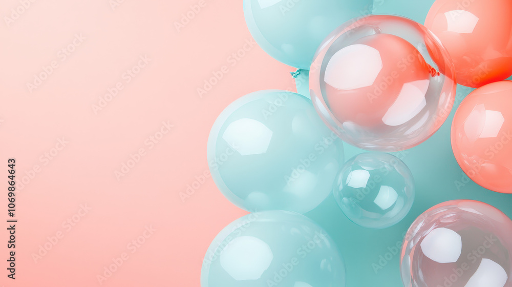Pink and blue bubble balloons float in the air, forming a colorful, shiny sphere pattern Pink and blue bubble balloons float in the air, forming a colorful, shiny sphere pattern