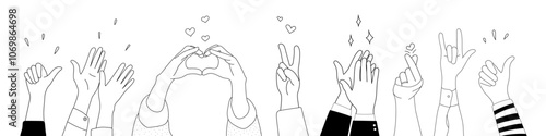 Doodle sketch hands up gestures comic icons silhouettes vector set. Group of line art fun comic hands in the air. Voting or happy congratulation audience recognition symbols.
