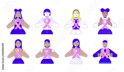 Multicultural women holding pink ribbons awareness 2D cartoon characters set. Breast cancer survivors females multiracial isolated people flat vector on white background. Spot illustrations collection