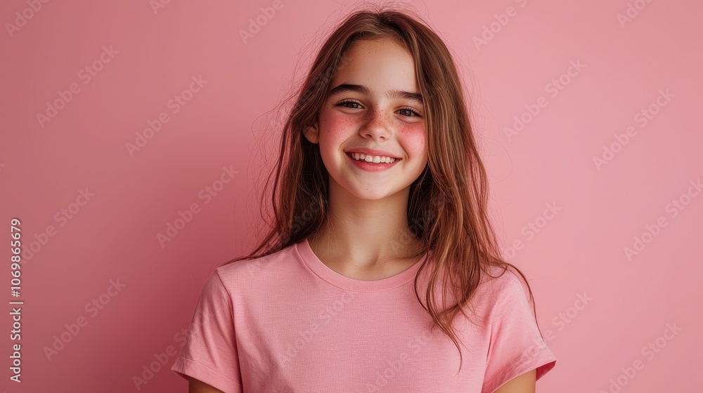 Fototapeta premium Portrait of a smiling teenage girl standing confidently against a soft pink background