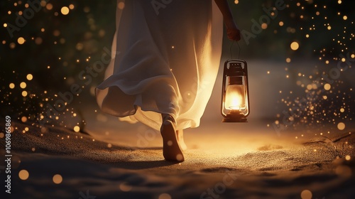 Person walking barefoot in the sand holding a lantern at dusk. Concept for Psalm 119:105 