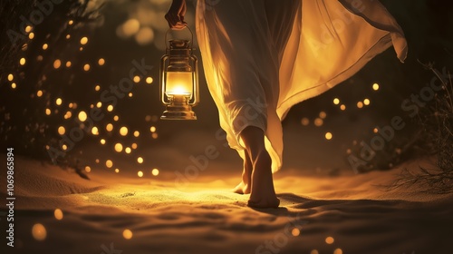 Person walking barefoot in the sand holding a lantern at dusk. Concept for Psalm 119:105 