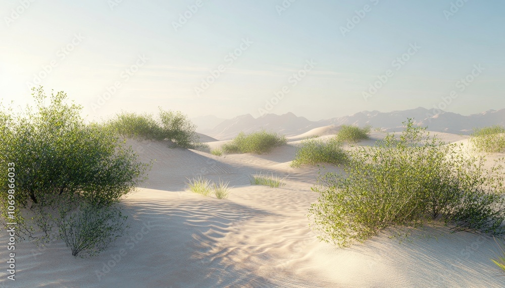 Obraz premium Desert Landscape with Lush Green Bushes and Sand Dunes
