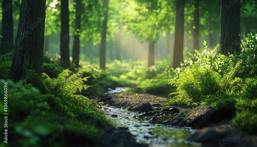Obraz premium A Stream Flowing Through A Lush Forest
