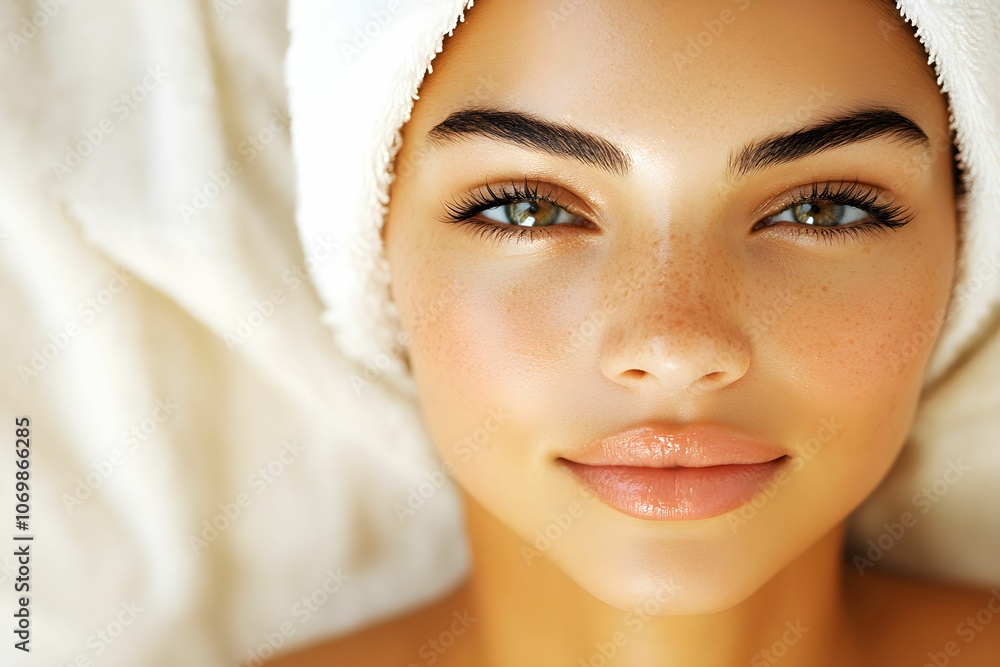 A serene close-up of a young woman's face, showcasing her beautiful skin, green eyes, and elegance, wrapped in a white towel for a spa-like ambiance. A serene close-up of a young woman's face, showcasing her beautiful skin, green eyes, and elegance, wrapped in a white towel for a spa-like ambiance.