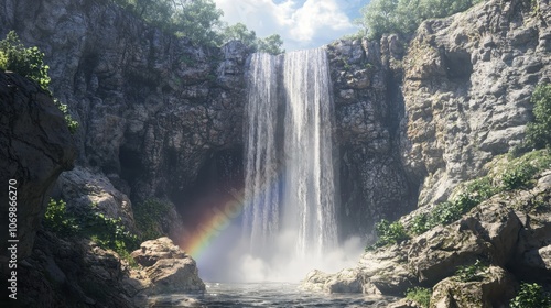 A Rainbow Arcs Over a Majestic Waterfall Cascading Through a Rugged Cliffside