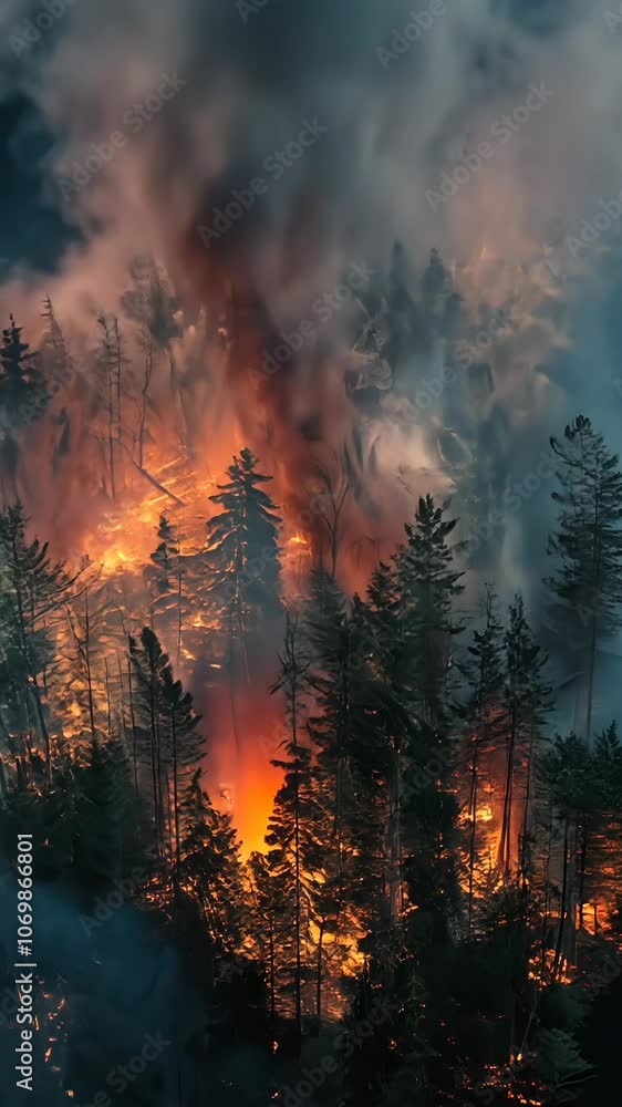 Forest fire engulfing dense woodland, dramatic environmental impact concept Forest fire engulfing dense woodland, dramatic environmental impact concept