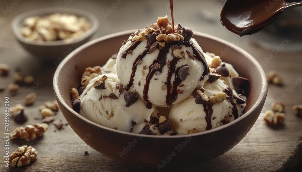 Vanilla Ice Cream with Chocolate Sauce, Walnuts, and Chocolate Chips Vanilla Ice Cream with Chocolate Sauce, Walnuts, and Chocolate Chips