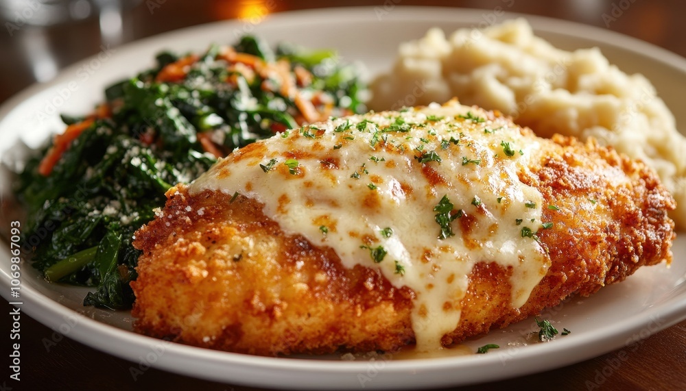 Crispy Chicken Breast with Creamy Sauce, Mashed Potatoes, and Spinach Crispy Chicken Breast with Creamy Sauce, Mashed Potatoes, and Spinach