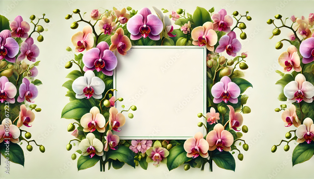 Elegant Orchid Flower Frame with Vibrant Leaves Elegant Orchid Flower Frame with Vibrant Leaves