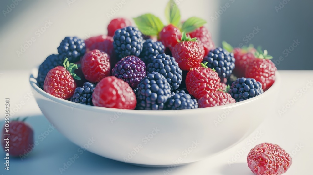 A white bowl filled with fresh blackberries, raspberries, and strawberries A white bowl filled with fresh blackberries, raspberries, and strawberries