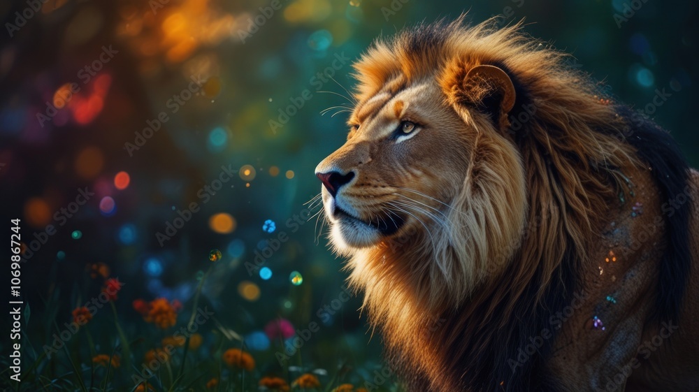 Fototapeta premium A majestic creature, a cross between a lion and a leopard, with colorful and brilliant fur. The creature's sharp eyes, strong body, and flowing mane convey a sense of power and mystery.