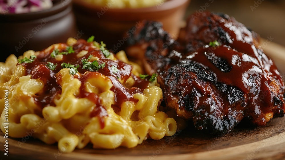 Close-up of Mac and Cheese with Barbecue Chicken on Wooden Plate Close-up of Mac and Cheese with Barbecue Chicken on Wooden Plate
