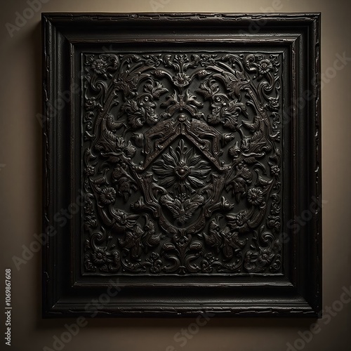 Intricate vintage wooden carving with floral motifs framed on a dark background