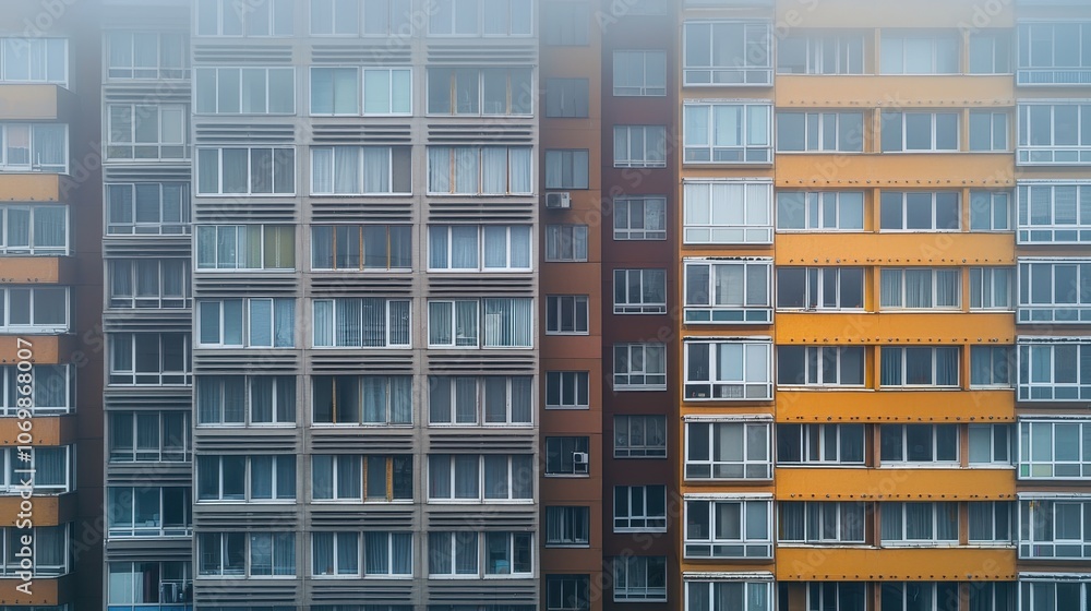Condensation on glass windows of residential towers, highlighting the transition from overcast skies to clear weather Condensation on glass windows of residential towers, highlighting the transition from overcast skies to clear weather