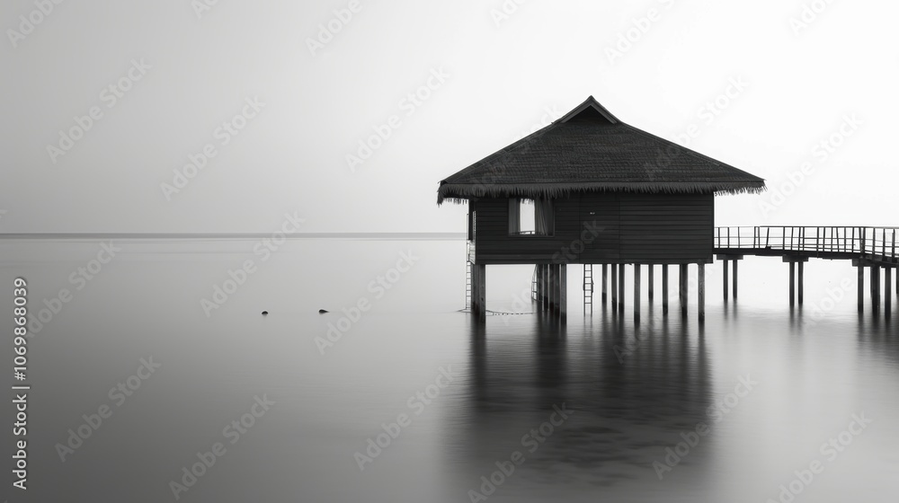 Overwater Bungalow with Wooden Deck and Calm Ocean Tropical Island Vacation Overwater Bungalow with Wooden Deck and Calm Ocean Tropical Island Vacation