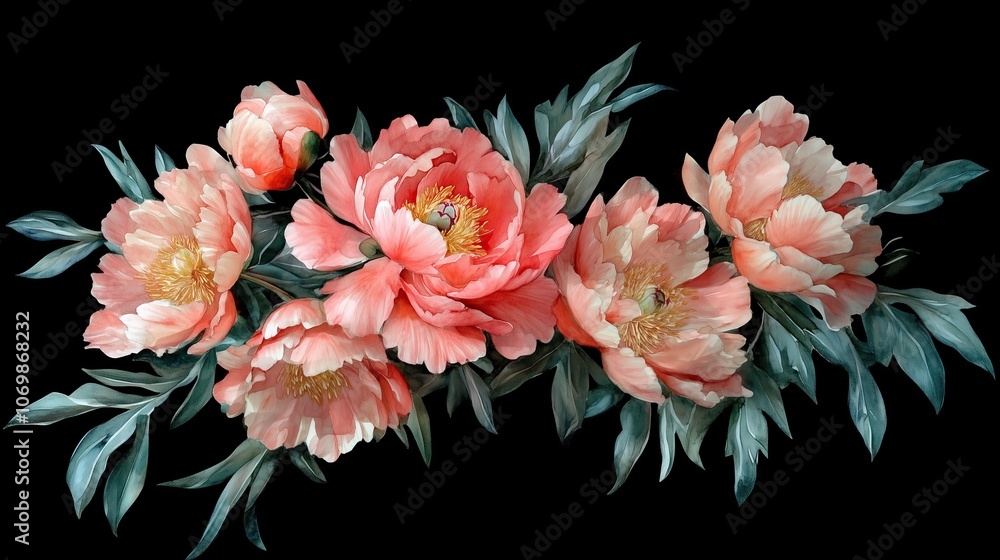 bouquet of watercolor peonies on black background bouquet of watercolor peonies on black background