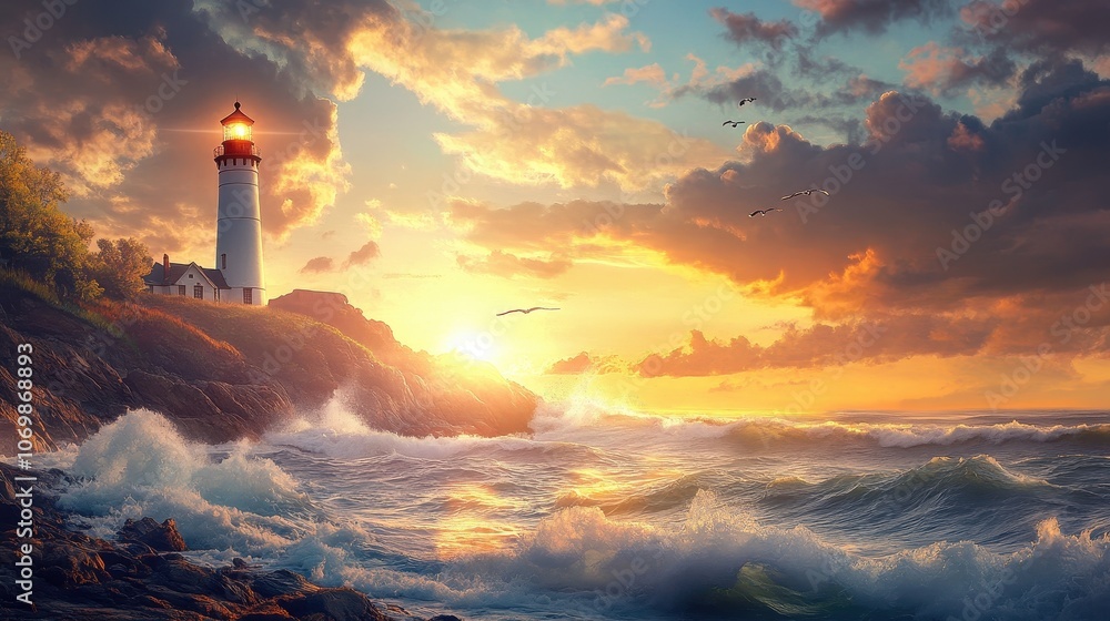 A Lighthouse Standing Tall on a Rocky Coastline with Waves Crashing at Sunset A Lighthouse Standing Tall on a Rocky Coastline with Waves Crashing at Sunset