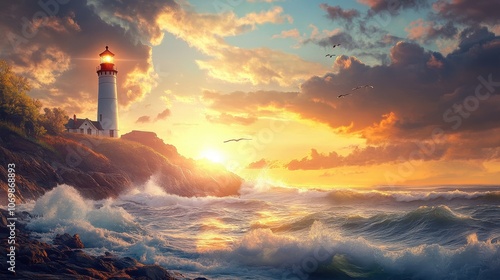 A Lighthouse Standing Tall on a Rocky Coastline with Waves Crashing at Sunset