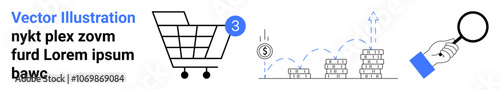 Shopping cart with notification, rising coins stacks and graph, magnifying glass. Ideal for online shopping, finance, data analysis, market research, business growth, investment, e-commerce. Landing