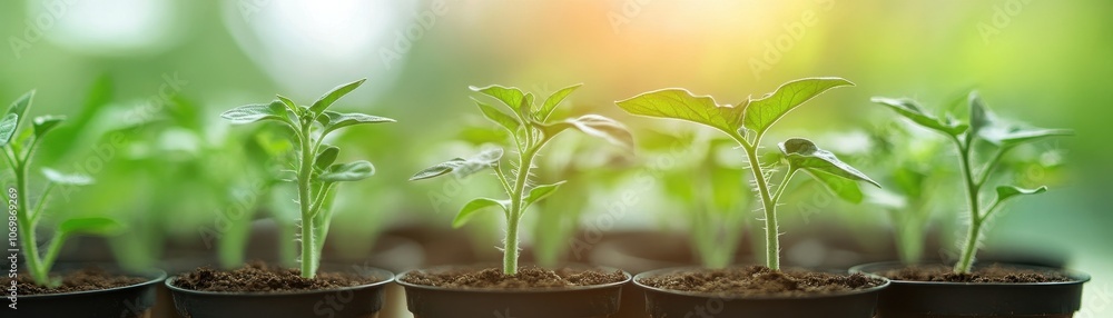 Close-up of Vibrant Green Seedlings in Pots, Illuminated by Warm Sunlight Close-up of Vibrant Green Seedlings in Pots, Illuminated by Warm Sunlight