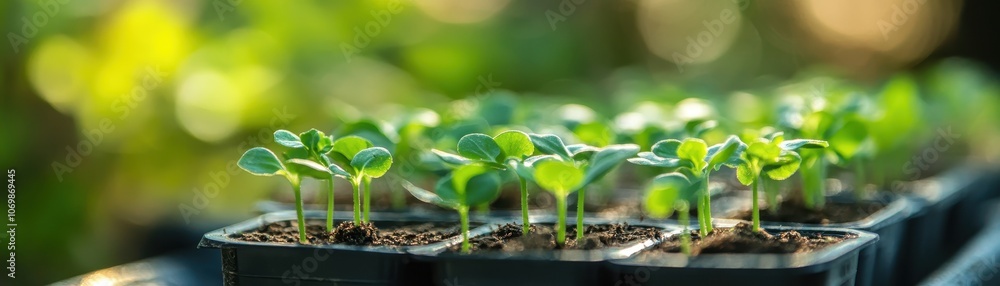Close-up of green seedlings emerging from soil in a tray Close-up of green seedlings emerging from soil in a tray