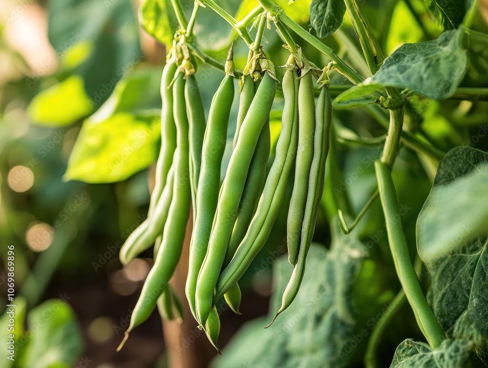 Green String Beans Hanging From Vine in Garden Green String Beans Hanging From Vine in Garden