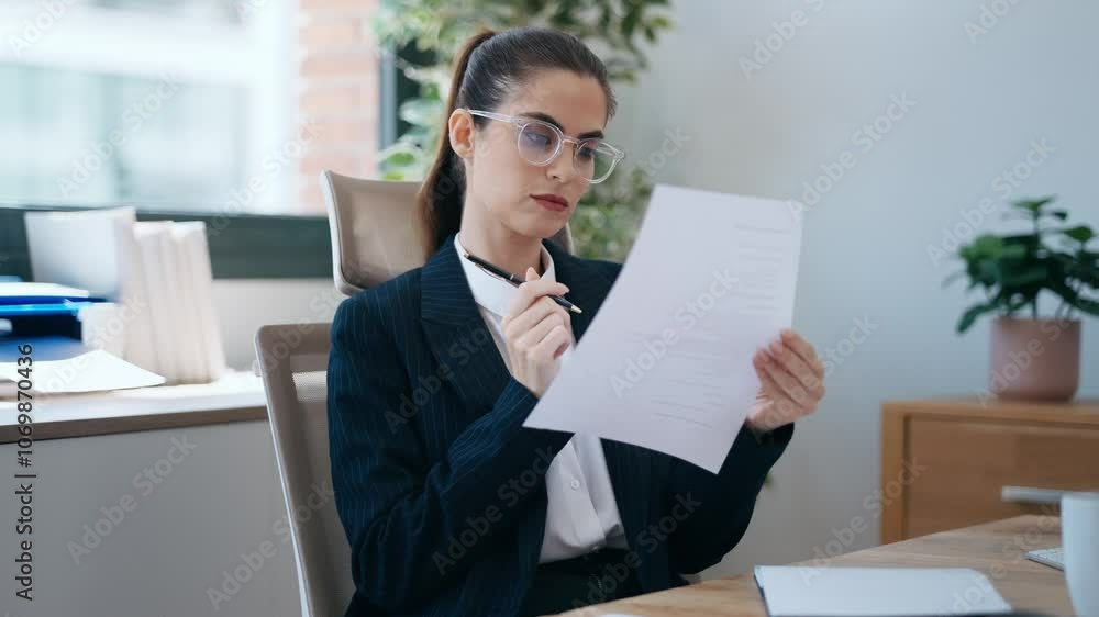 Video of business woman working with computer while consulting some invoices and documents at the office Video of business woman working with computer while consulting some invoices and documents at the office