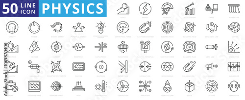 Physics icon set with force, energy, velocity, acceleration, mass, momentum, gravity, friction, inertia, work, power, kinetic, potential, conservation, centripetal, electric, and electromagnetism