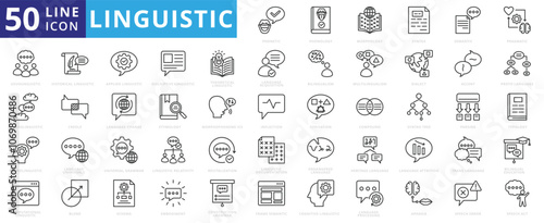 Linguistic icon set with language, phonetic, phonology, morphology, syntax, semantic, pragmatic, cognitive, grammar, neural linguistic, computational, historical, parsing, and descriptive