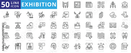 Exhibition icon set with display, showcase, gallery, exhibition hall, booth, curator, visitor, attendee, artist, art, sculpture, painting, photography, installation, lighting, theme, catalog, ticket