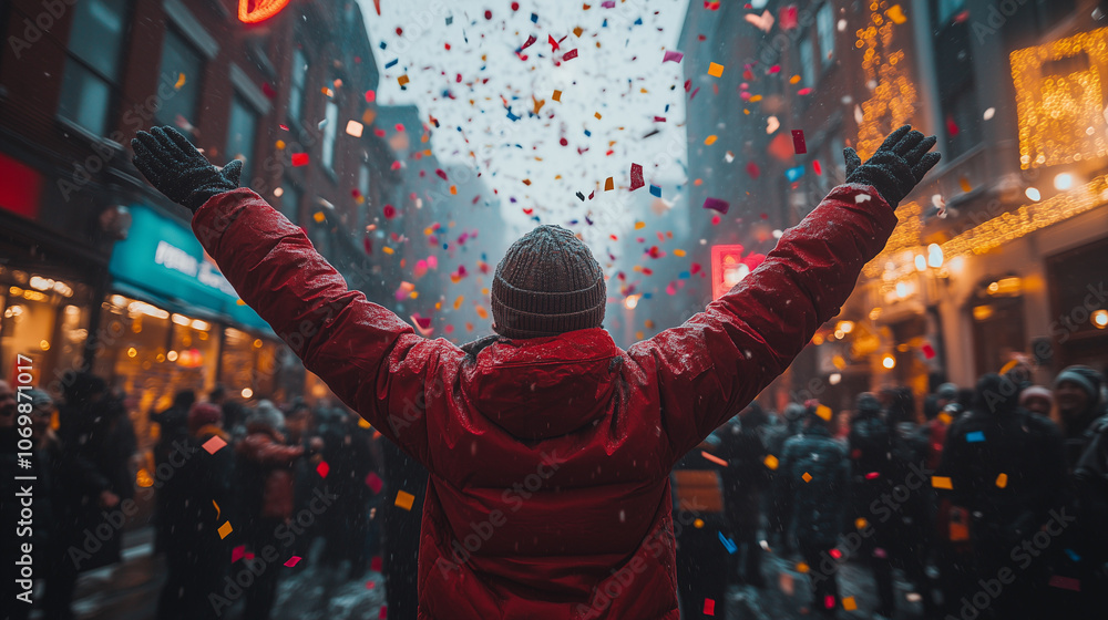 A delighted man with his arms raised in the air, surrounded by falling confetti, celebrating in a joyful and festive atmosphere. A delighted man with his arms raised in the air, surrounded by falling confetti, celebrating in a joyful and festive atmosphere.