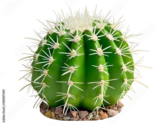 A green cactus with white tips and brown spots photo