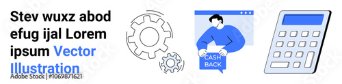 Business person holding cashback sign near calculator, large and small gears. Ideal for financial services, cash-back promotions, business efficiency, financial planning, tech services, marketing