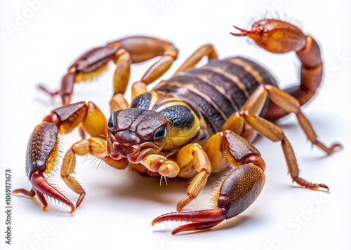 Low Light Photography of a Stacked Brown Scorpion (Lychas mucronatus) Isolated on a White Background, Capturing Intricate Details and Textures in a Unique Perspective photo