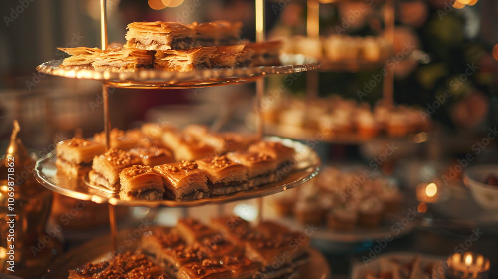 Baklava with Layers of Phyllo and Walnuts on Ornate Serving Tray Baklava with Layers of Phyllo and Walnuts on Ornate Serving Tray