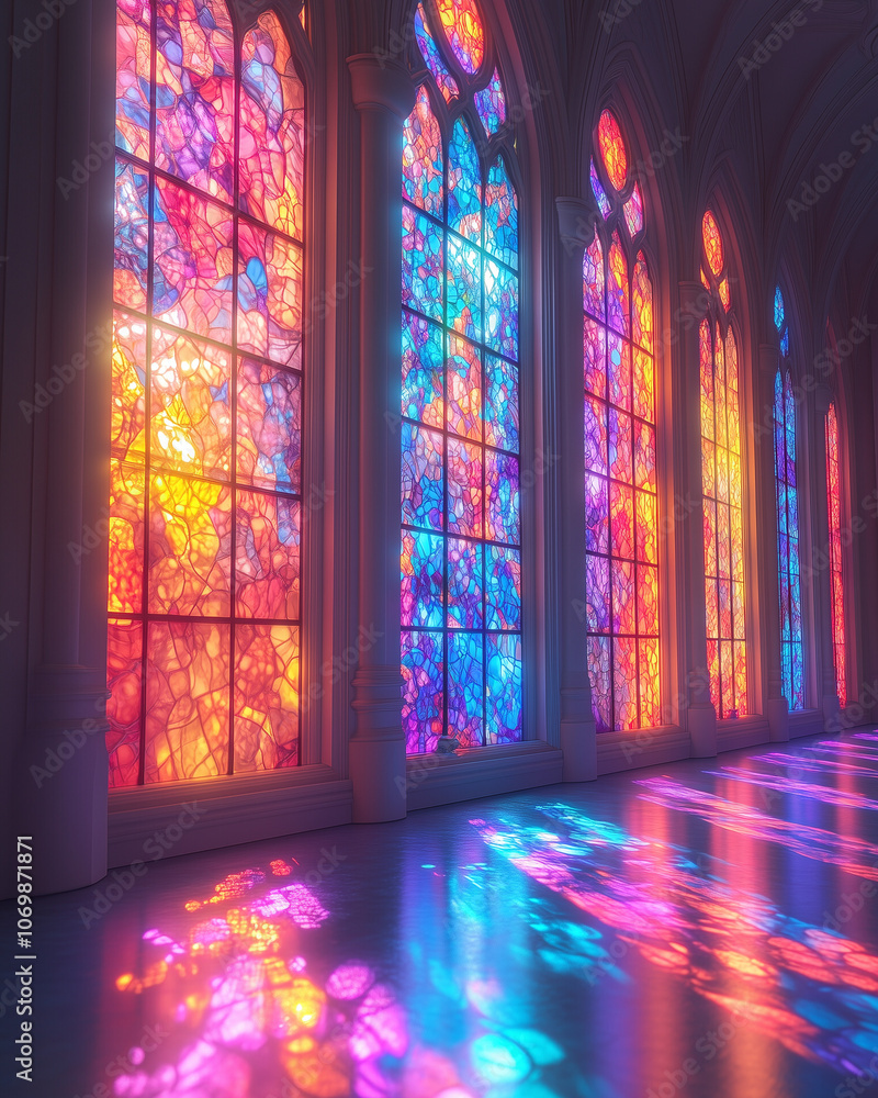 A Christian church interior bathed in sunlight streaming through beautiful stained glass windows, creating a serene and sacred atmosphere, with intricate designs and vibrant colors. A Christian church interior bathed in sunlight streaming through beautiful stained glass windows, creating a serene and sacred atmosphere, with intricate designs and vibrant colors.