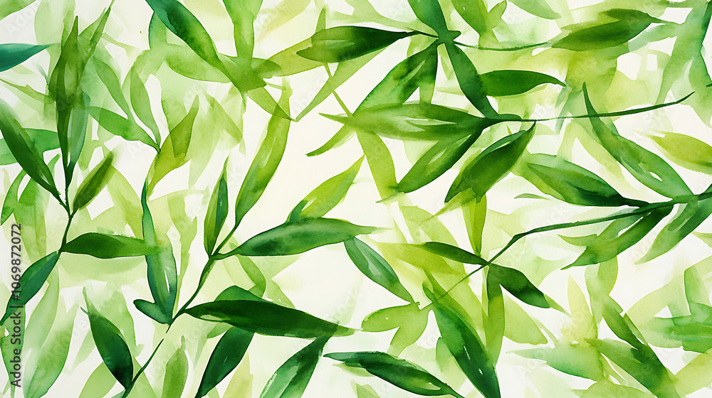 Fototapeta premium Watercolor bamboo leaves create serene and calming background