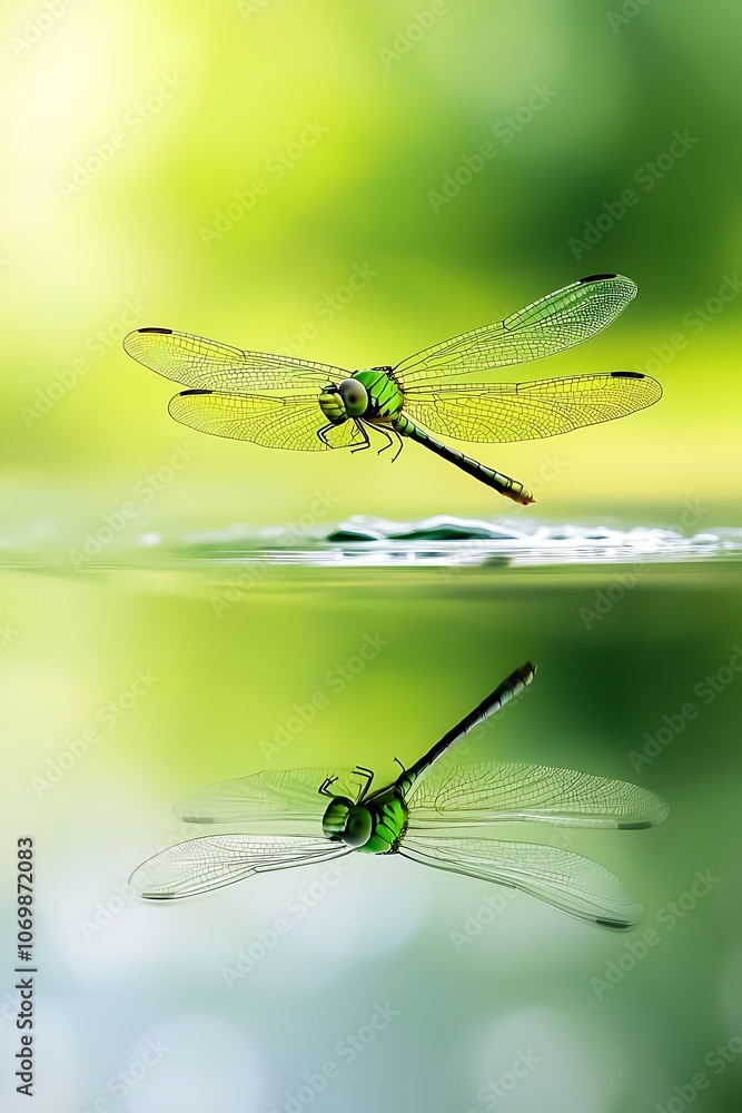 A green dragonfly is flying over a body of water A green dragonfly is flying over a body of water